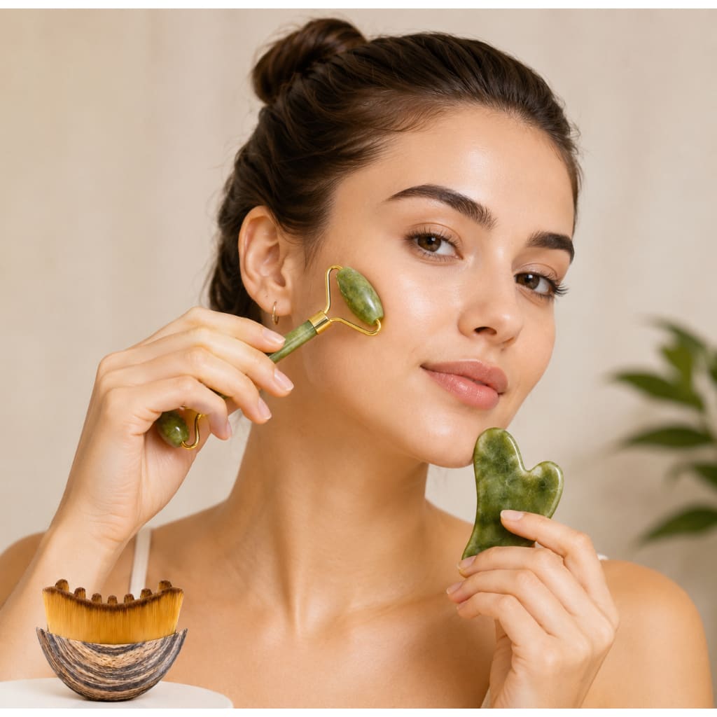 Kit Massagem Facial Premium 3 em 1 | Rolo de Jade + Gua Sha + Escova